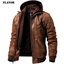 Load image into Gallery viewer, Chaqueta de motocicleta de cuero Real para hombre abrigo de invierno con capucha extraíble chaquetas de cuero genuino para hombre