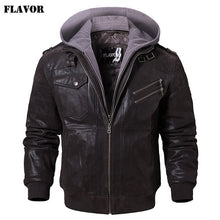Load image into Gallery viewer, Chaqueta de motocicleta de cuero Real para hombre abrigo de invierno con capucha extraíble chaquetas de cuero genuino para hombre