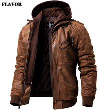 Load image into Gallery viewer, Chaqueta de motocicleta de cuero Real para hombre abrigo de invierno con capucha extraíble chaquetas de cuero genuino para hombre
