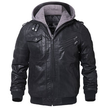 Load image into Gallery viewer, Chaqueta de motocicleta de cuero Real para hombre abrigo de invierno con capucha extraíble chaquetas de cuero genuino para hombre
