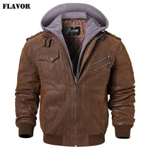 Load image into Gallery viewer, Chaqueta de motocicleta de cuero Real para hombre abrigo de invierno con capucha extraíble chaquetas de cuero genuino para hombre
