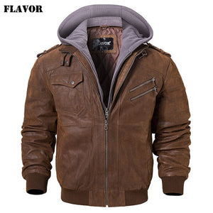 Chaqueta de motocicleta de cuero Real para hombre abrigo de invierno con capucha extraíble chaquetas de cuero genuino para hombre