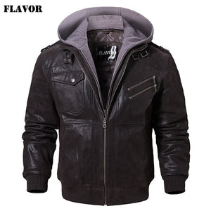 Chaqueta de motocicleta de cuero Real para hombre abrigo de invierno con capucha extraíble chaquetas de cuero genuino para hombre
